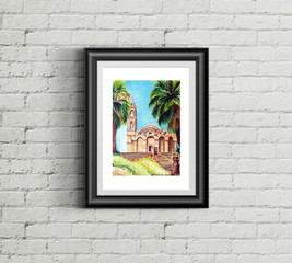 st Andrea's monastery Cyprus watercolor illustration