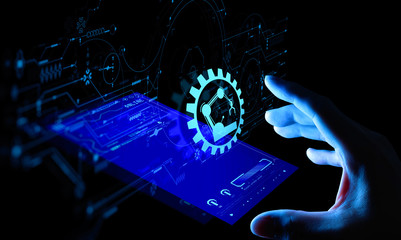 Leinwandbilder - Engineer hand check and control welding robotics automatic arms icon with machine in intelligent factory automotive industrial with UI monitoring system software.