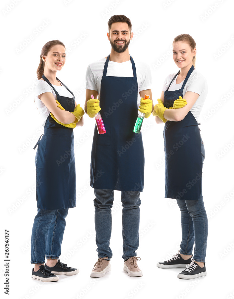 Cleaning service workers on white background