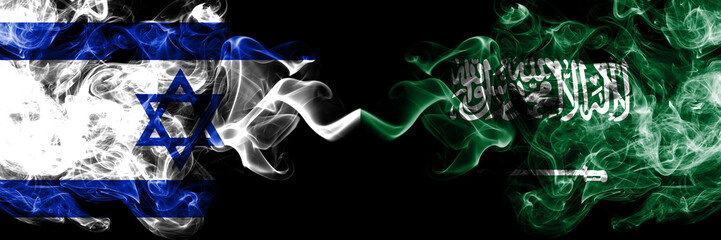 Wall Mural - Israel vs Saudi Arabia, Arabian smoky mystic flags placed side by side. Thick colored silky smokes flag of Israel and Saudi Arabia, Arabian