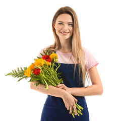 Female florist with bouquet on white background