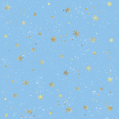 Wall Mural - Seamless pattern with snow and golden snowflakes. Christmas and New Year blue background.