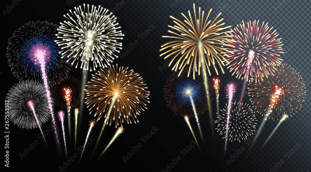 Two groups of isolated fireworks. Vector illustration. - obrazy, fototapety, plakaty 