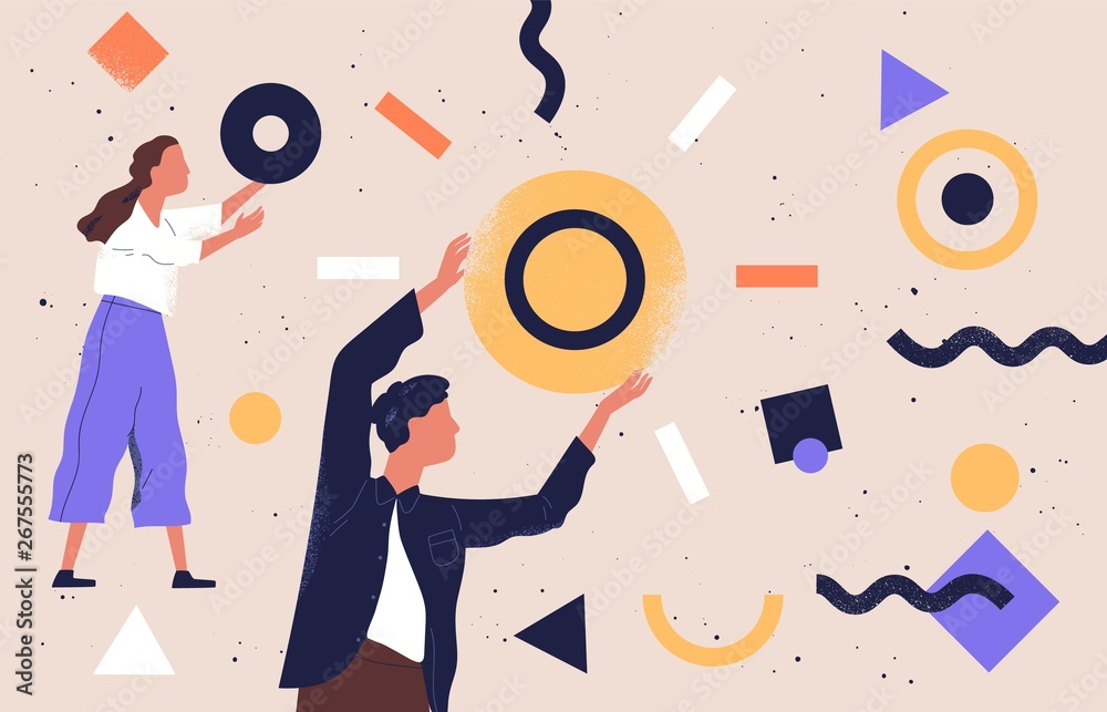Pair of people collecting and organizing abstract geometric shapes scattered around them. Man and woman holding circles. Concept of teamwork. Vector illustration in contemporary flat cartoon style. - obrazy, fototapety, plakaty 