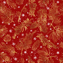 Seamless Pattern With Golden Branches. Christmas And New Year Red Background.