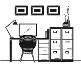 Fototapete - Interior in Scandinavian style. Workplace with a computer. Sketch of the interior. Vector