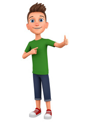 Wall Mural - Cartoon character guy points thumb up. 3d render illustration. Illustration for advertising.