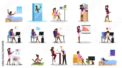 Cuadros en Lienzo Daily routine of a woman set. Girl having breakfast