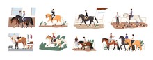 Collection Of People Riding Horses. Bundle Of Cute Men, Women And Children Practicing Horseback Riding Or Equestrianism, Caring About Their Domestic Animals. Flat Cartoon Colorful Vector Illustration.
