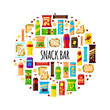 © Ekaterina Mikhailova - Snack product in circle. Fast food snacks, drinks, nuts, chips, cracker, juice, sandwich for snack bar isolated on white background. Flat illustration in vector