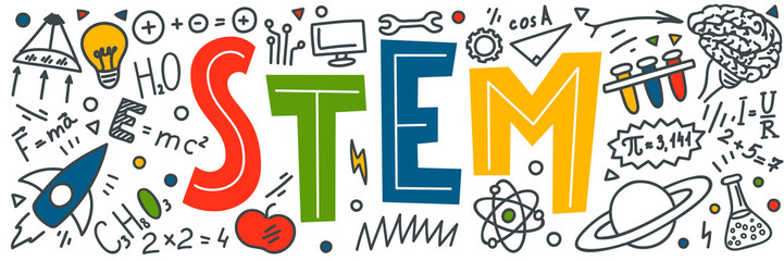 STEM. Science, technology, engineering, mathematics doodles.