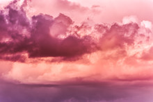 Twilight Sky With Effect Of Light Pastel Pink Colors. Colorful Sunset Of Soft Clouds.