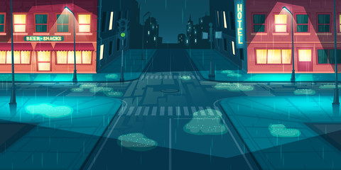 Wall Mural - Wet and rainy weather in night city or town cartoon vector with hotel, bar or pub illuminated facades on empty roads intersection, paddles on sidewalks, working street and traffic lights illustration