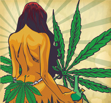 Smoking Lady. The Marijuana Leafs On The Background. Naked Woman, Vector Image