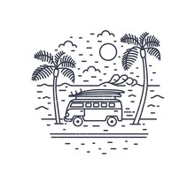 Monochrome Composition With Camper Trailer Or Campervan, Exotic Palm Trees, Sea And Sun Drawn With Contour Lines. Summer Vacation, Road Trip To Tropics. Vector Illustration In Modern Linear Style.