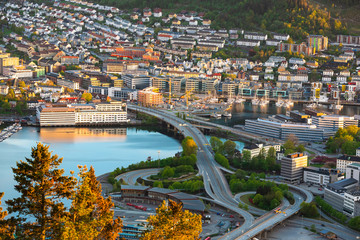 Wall Mural - Bergen old town aerial view. Bergen, Norway.