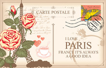 Retro Postcard With Eiffel Tower In Paris, France. Romantic Vector Postcard With Roses, Postmark, Postage Stamp With Butterfly And Words I Love Paris On The Old Paper Background With Spots And Notes