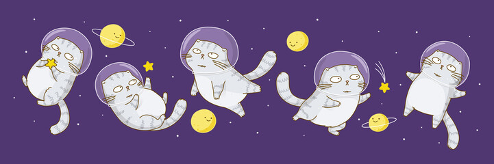 Set of cute scottish fold cats astronauts on starry sky background