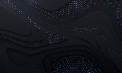 Poster - Black paper cut background. Abstract realistic papercut decoration with wavy layers and silver glitters. 3d topography relief. Vector topographic illustration. Cover layout template.