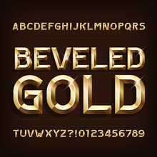 Beveled Gold Alphabet Font. 3d Gold Letters And Numbers. Stock Vector Typeface For Your Typography Design.