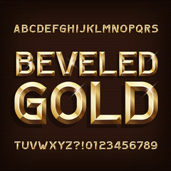 Fototapete - Beveled Gold alphabet font. 3d gold letters and numbers. Stock vector typeface for your typography design.
