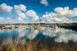 Clouds reflecting in the boat harbor on a sunny summer day