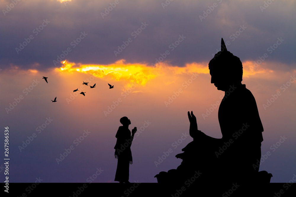 illustration of Buddhist monks at the temple at sunset - obrazy, fototapety, plakaty 