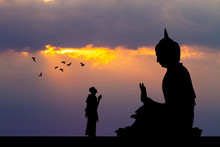 Illustration Of Buddhist Monks At The Temple At Sunset