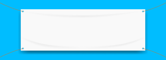 vinyl banner blank white isolated on blue backgrounds, white mock up textile fabric empty for banner