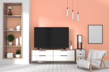  TV in japanese room with decoration on egg color wall background.3d rendering