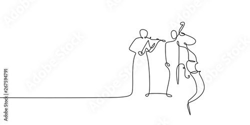 Cuadros en Lienzo Two person playing cello and violin continuous one line drawing classical music