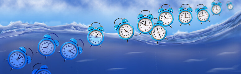 Wall Mural - image of alarm clocks over the water as a symbol of allegory - time like water