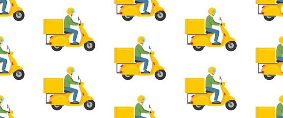 Wall Mural - seamless pattern with delivery man on scooter. isolated on black background