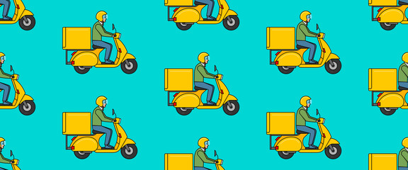 Wall Mural - seamless pattern with delivery man on scooter. isolated on black background