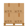 crate boxes four on wooded pallet, wood pallet with cardboard box in factory warehouse storage, flat style warehouse cardboard parcel boxes stack, packaging cargo, 3d boxes brown isolated on white