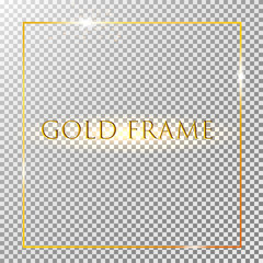 Poster - Gold shiny glowing vintage frame with shadows isolated on transparent background. Golden luxury realistic rectangle border. Vector