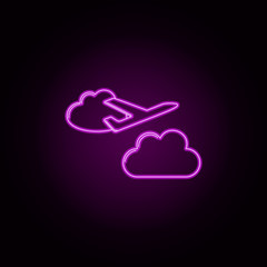 Poster - Airplane in the clouds neon icon. Elements of airport set. Simple icon for websites, web design, mobile app, info graphics