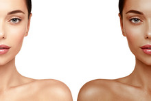 Tanning Skin Face Portrait. Woman Before And After Tan Spray