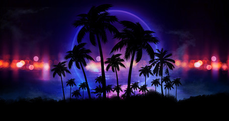 Space futuristic landscape. Neon palm tree, tropical leaves.