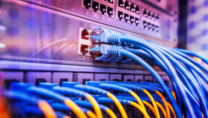 Server rack with blue and red internet patch cord cables connected to black patch panel in data server room