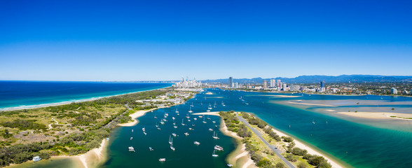 Wall Mural - Panoramic sunny view of boats around the Spit and the Gold Coast seaway