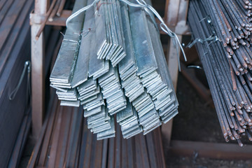 stack of stainless steel flat bar in Factory warehouse