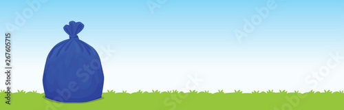 Fotomural bag blue plastic garbage on the grass blue sky background, garbage bags for wast