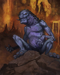 Wall Mural - Blue and purple demon creature in an underground cave with lava flows - digital fantasy painting