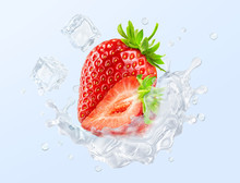 Fresh Cold Pure Flavored Water With Strawberry Wave Splash. Clean Infused Water Or Liquid Fluid Wave Splash With Berries. Healthy Flavored Detox Drink Splash Concept With Ice Cubes. 3D