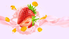 Fresh Fruit Yogurt Splash With Ripe Strawberries And Cornflakes. Healthy Breakfast Meal Label Design With Yogurt, Cream, Milk, Strawberries, Cornflakes. Banner Sticker Design. 3D Render
