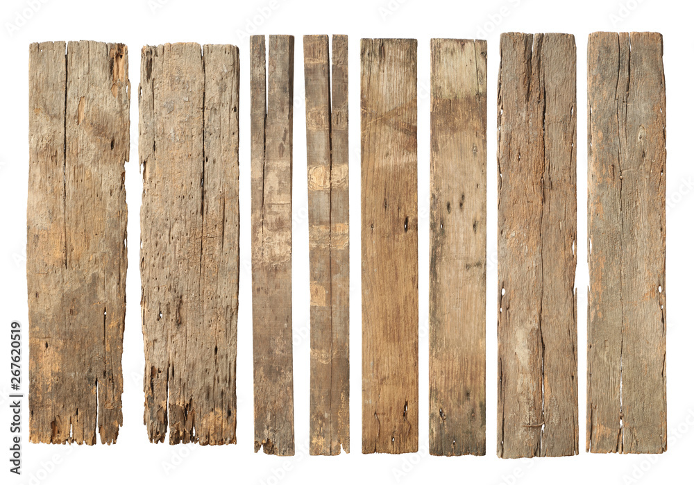Wood plank weathered damaged set (with clipping path) isolated on white background - obrazy, fototapety, plakaty 