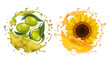 Olive and sunflower in oil realistic splashes