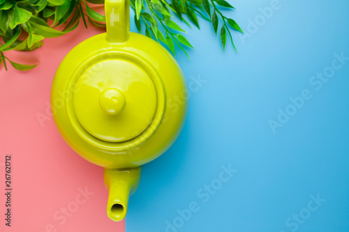 Fotomural Green classic teapot on a colorful pastel background