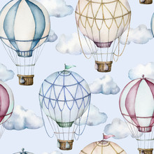 Watercolor Seamless Pattern With Hot Air Balloons And Clouds. Hand Painted Sky Illustration With Aerostate Isolated On Pastel Blue Background. For Design, Prints, Fabric Or Background.